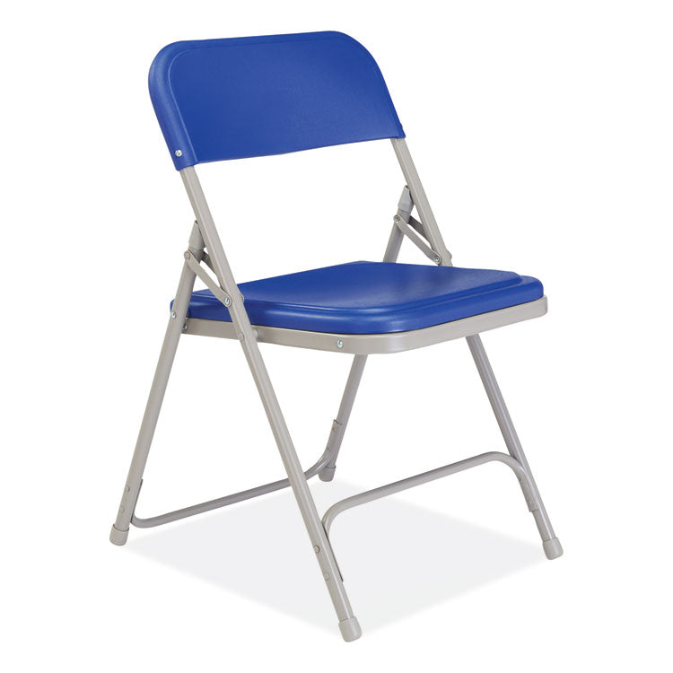 800 Series Premium Plastic Folding Chair, Supports Up to 500 lb, 18" Seat Height, Blue Seat, Blue Back, Gray Base, 4/Carton