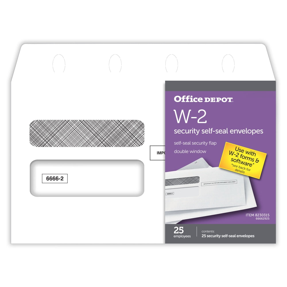 Office Depot Brand Double-Window Self-Seal Envelopes For W-2 Tax Forms, 9-1/4inW x 5-5/8inH, White, Pack Of 25 Envelopes
