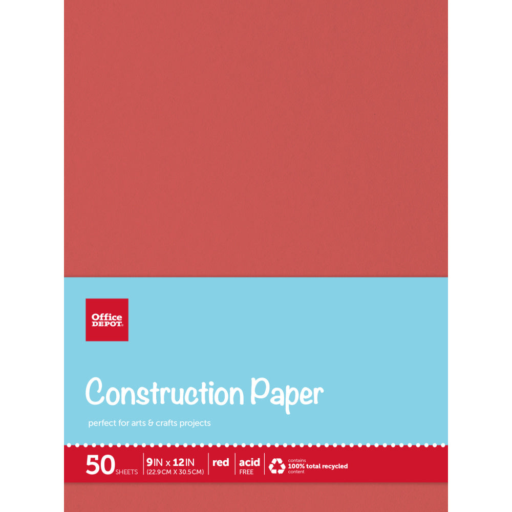Office Depot Brand Construction Paper, 9in x 12in, 100% Recycled, Red, Pack Of 50 Sheets