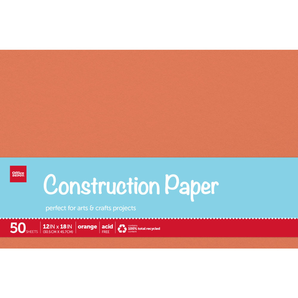 Office Depot Brand Construction Paper, 12in x 18in, 100% Recycled, Orange, Pack Of 50 Sheets