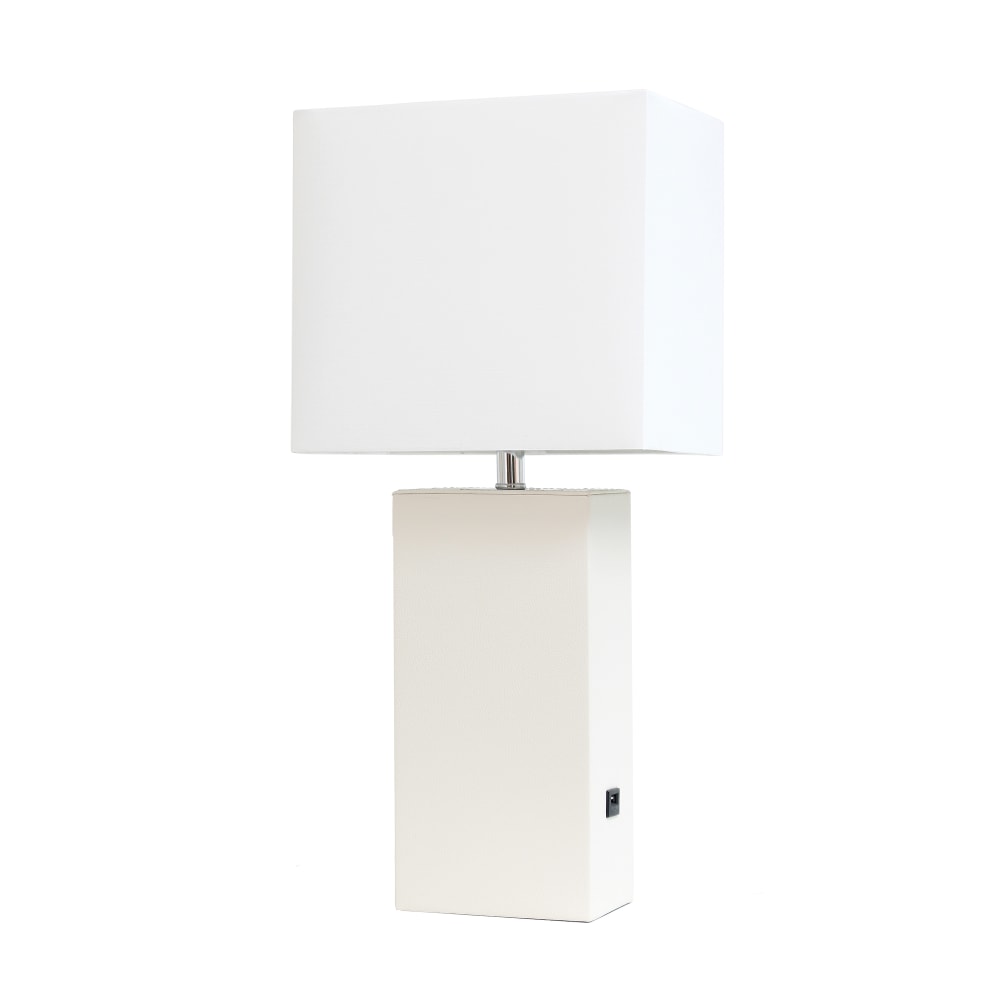 Elegant Designs Modern Leather White Base Table Lamp with USB and White Fabric Shade
