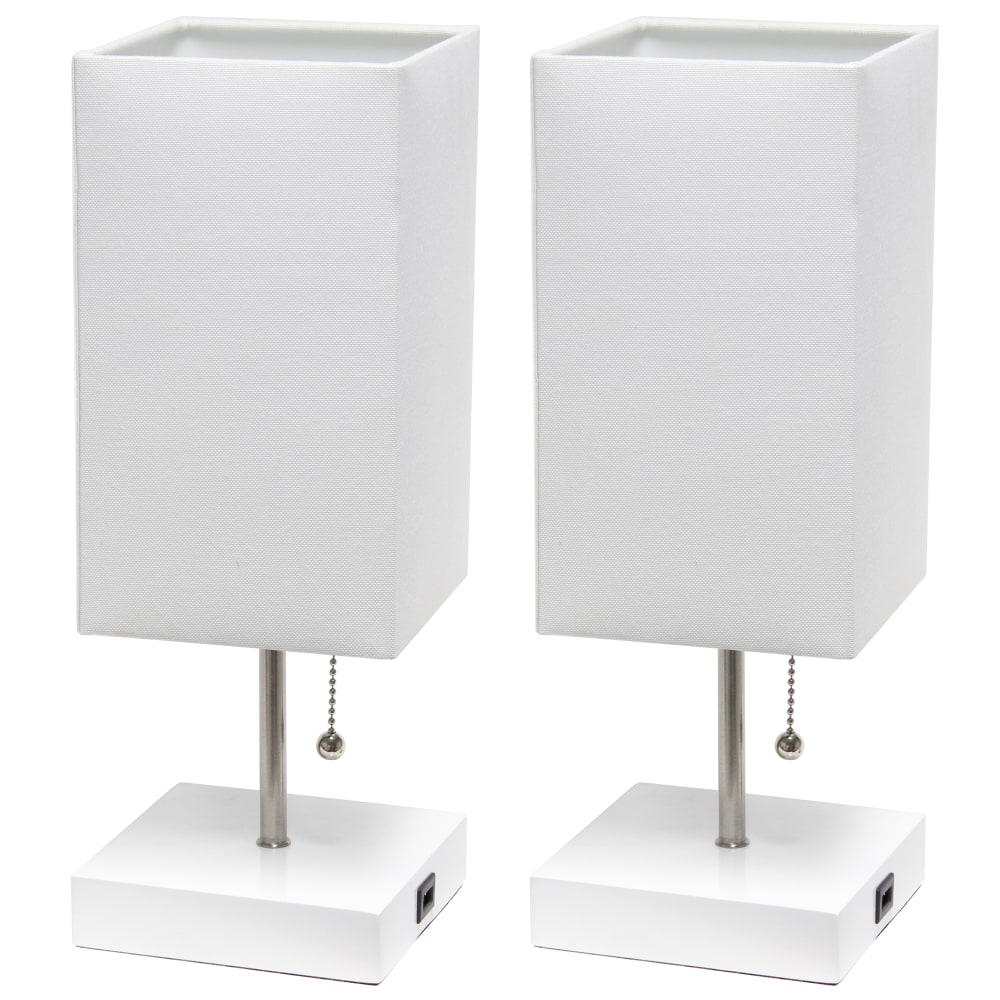 Simple Designs Petite Stick Lamps With USB Charging Port, White Shade/White Base, Set Of 2 Lamps