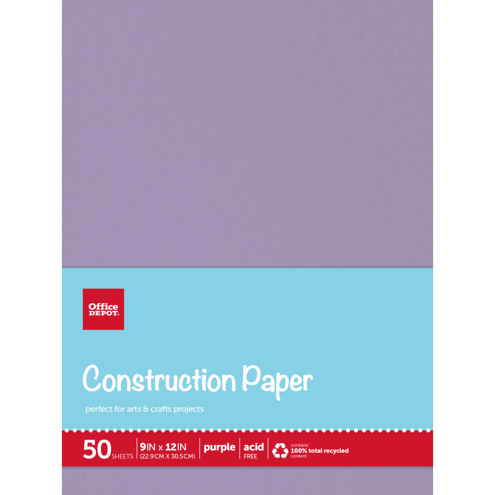 Office Depot Brand Construction Paper, 9in x 12in, 100% Recycled, Purple, Pack Of 50 Sheets