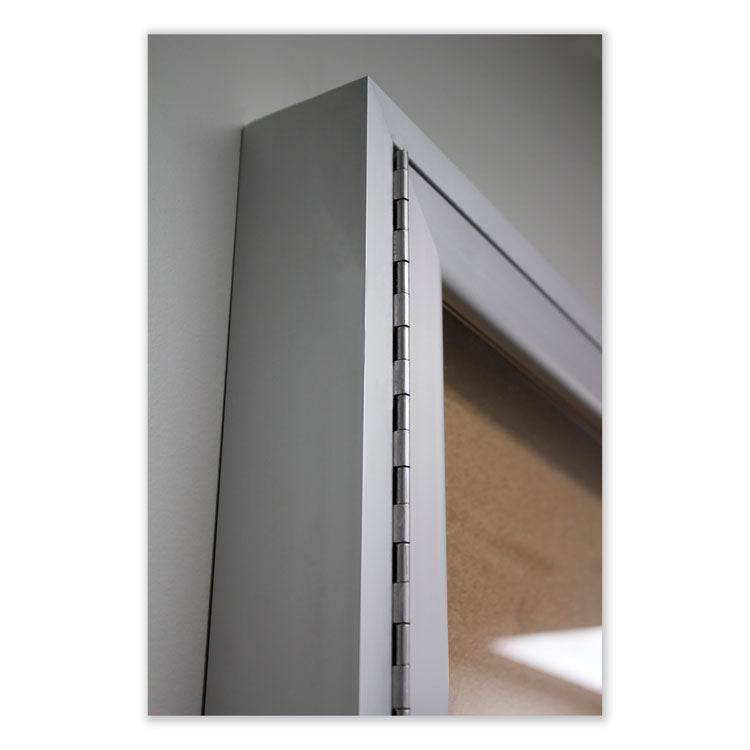 1 Door Enclosed Natural Cork Bulletin Board with Satin Frame, 24" x 36", Tan Surface, Satin Aluminum Frame