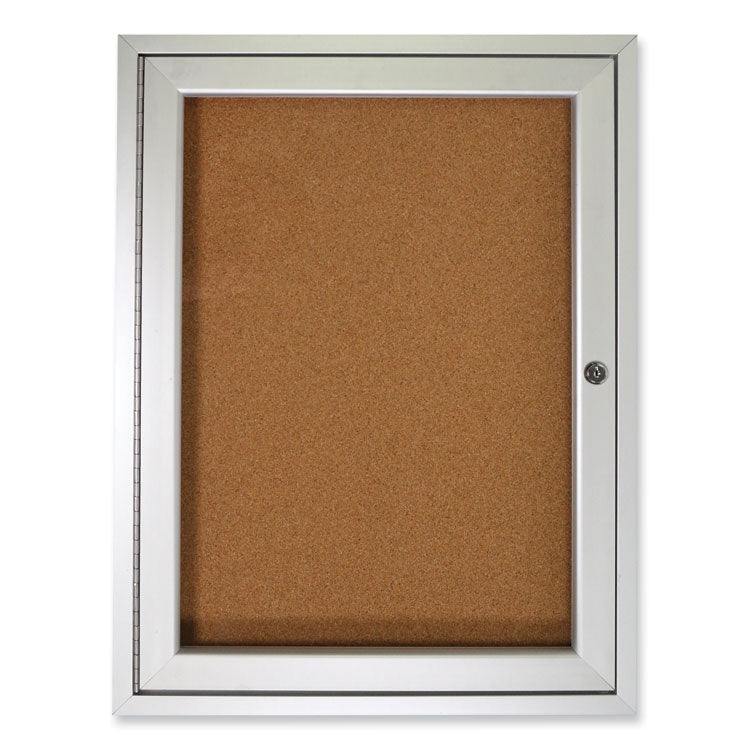 1 Door Enclosed Natural Cork Bulletin Board with Satin Frame, 30" x 36", Tan Surface, Satin Aluminum Frame