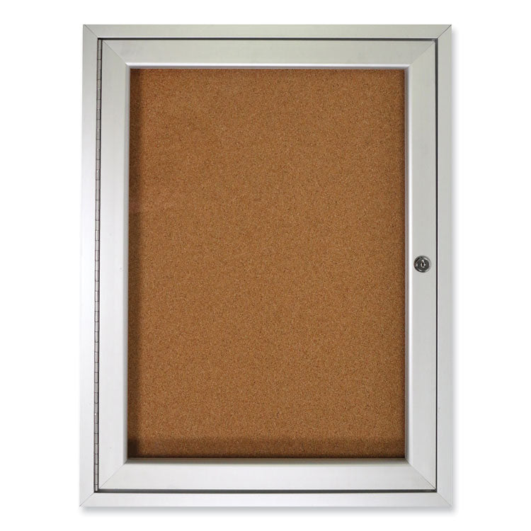1 Door Enclosed Natural Cork Bulletin Board with Satin Frame, 24" x 36", Tan Surface, Satin Aluminum Frame