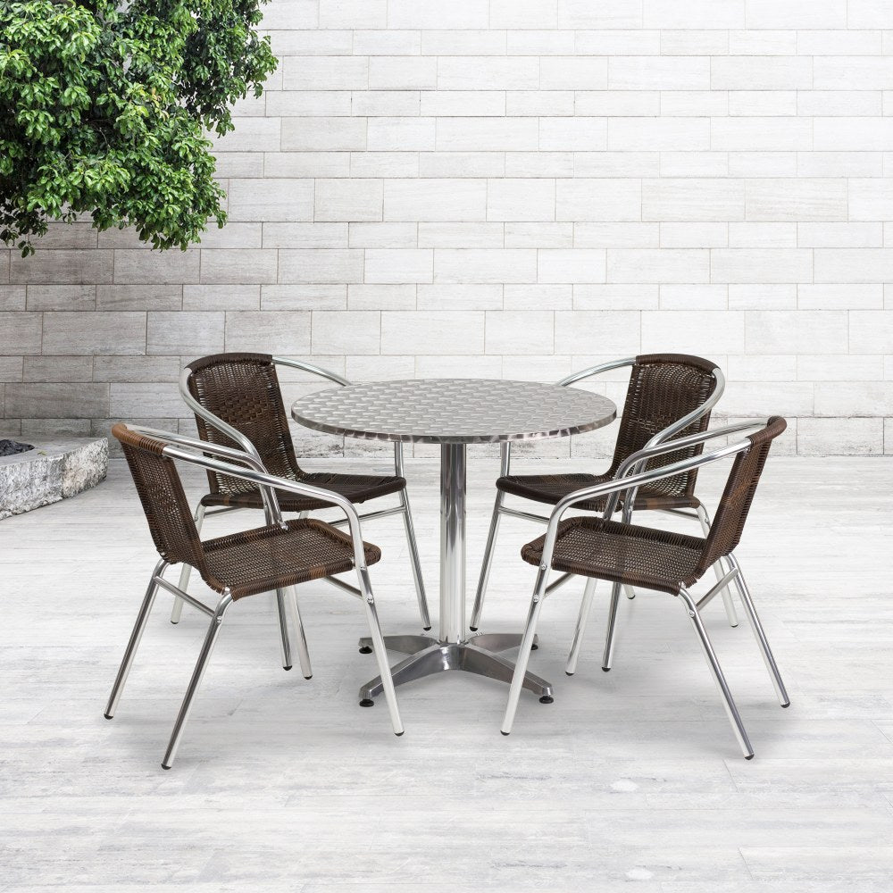 Flash Furniture Lila Round Aluminum Indoor-Outdoor Table With 4 Chairs, 27-1/2inH x 31-1/2inW x 31-1/2inD, Dark Brown, Set Of 5