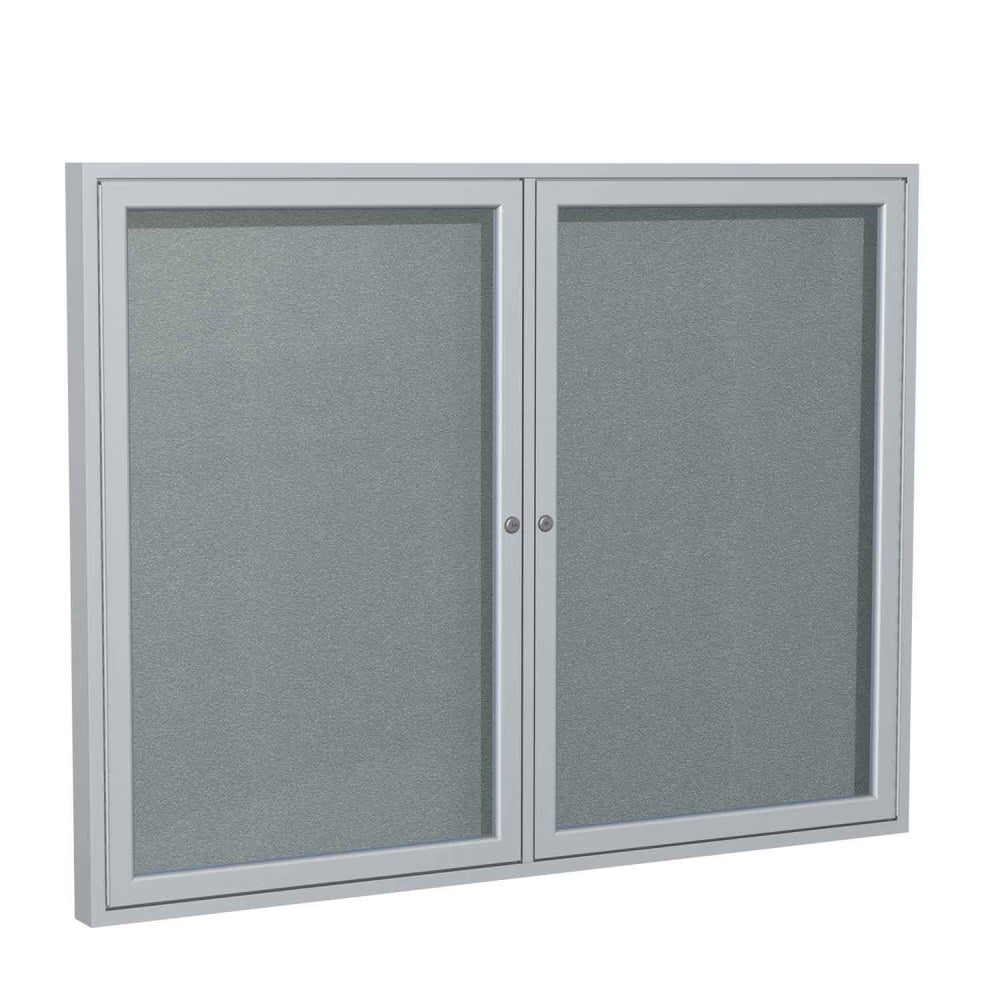 Ghent Traditional Enclosed 2-Door Vinyl Bulletin Board, 48in x 60in, Stone, Satin Aluminum Frame