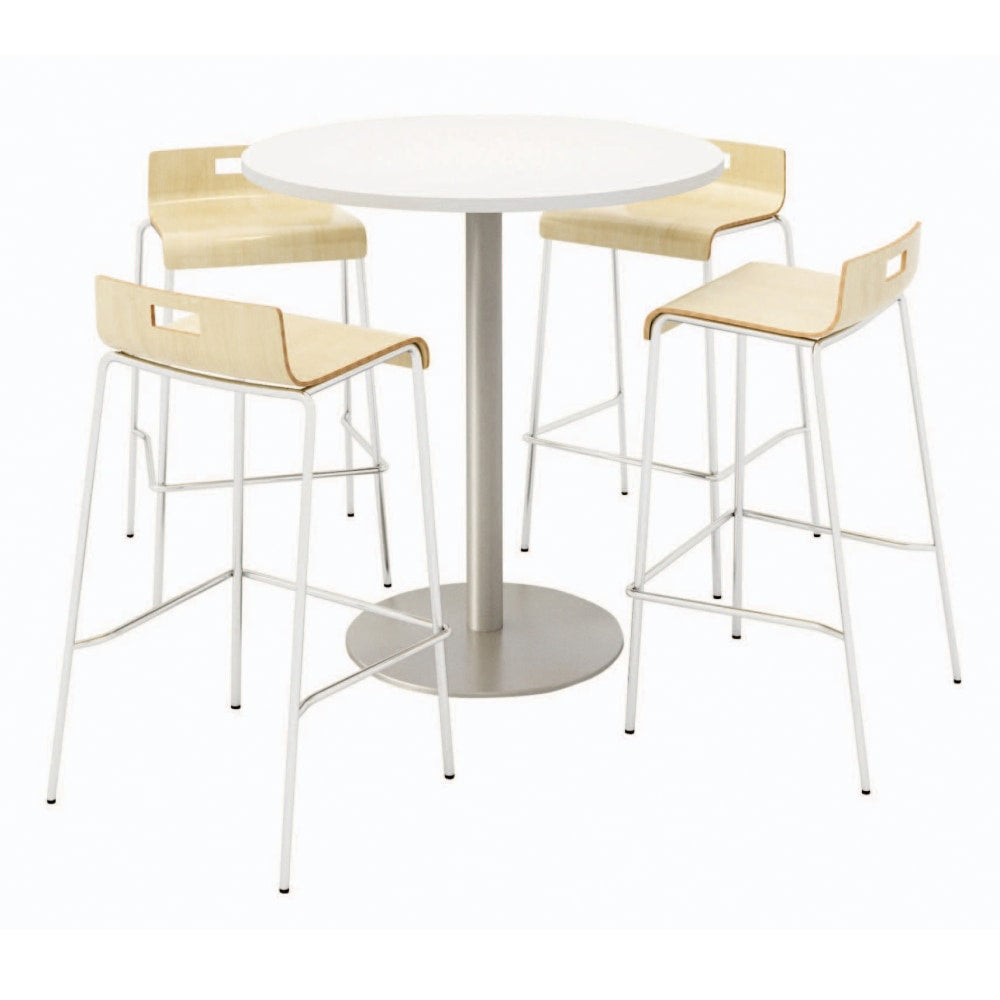 KFI Studios Round Bistro Pedestal Table With 4 Stacking Bar Stools, Designer White/Natural