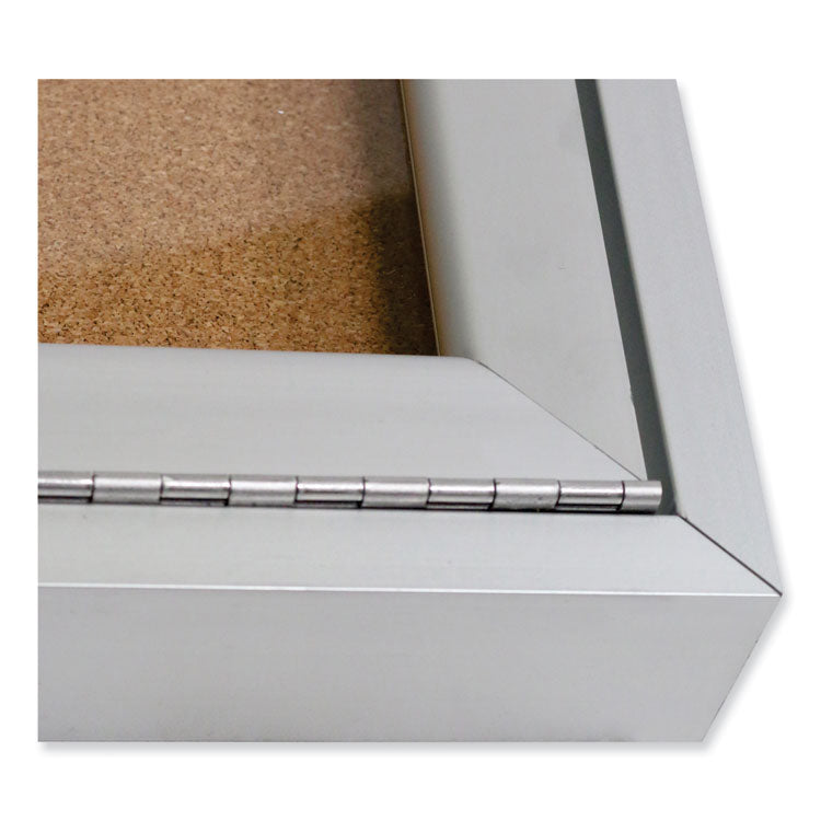 2 Door Enclosed Natural Cork Bulletin Board with Satin Frame, 72" x 36", Tan Surface, Satin Aluminum Frame