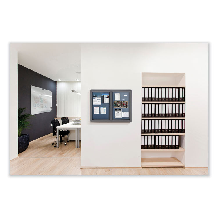 2 Door Enclosed Vinyl Bulletin Board with Satin Frame, 60" x 36", Silver Surface, Satin Aluminum Frame