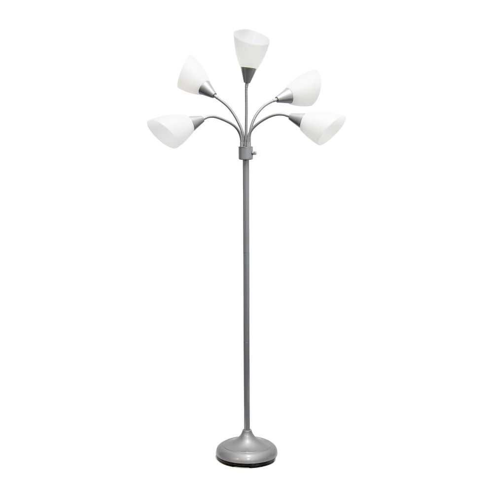 Simple Designs 5-Light Adjustable Gooseneck Floor Lamp, 67inH, White Shade/Silver Base