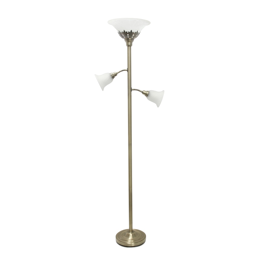 Lalia Home Torchiere Floor Lamp With 2 Reading Lights, 71inH, Antique Brass/White
