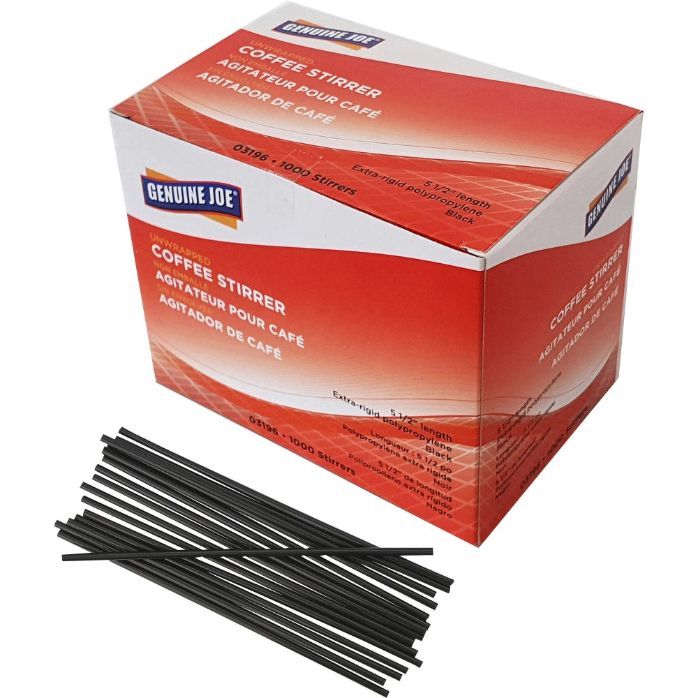 Genuine Joe Plastic Stirrers - 5.5in Length - Plastic, Polypropylene - 1000 / Box - Black