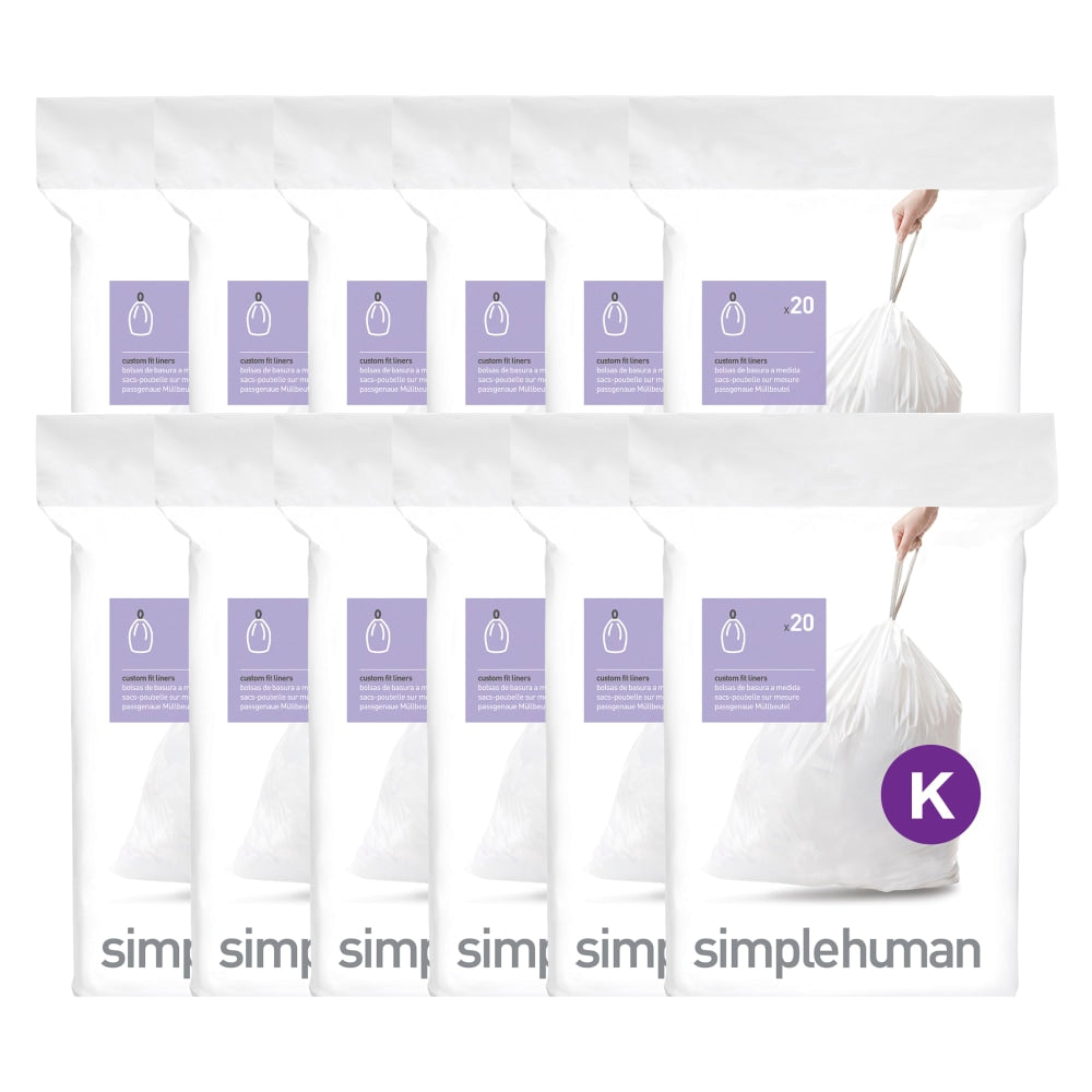 simplehuman Custom Fit Can Liners, K, 35-45L/9-12G, White, Pack Of 240