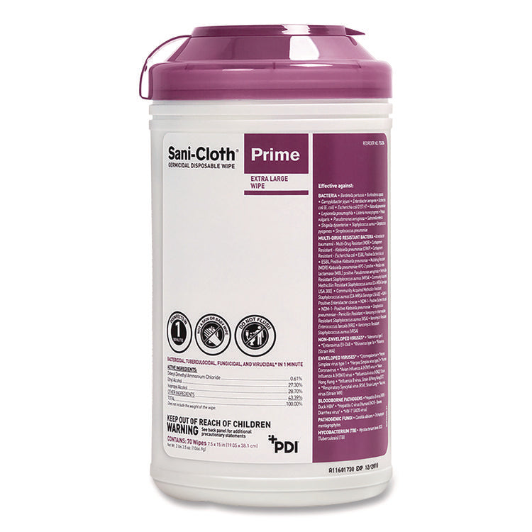 Sani-Cloth Prime Germicidal Disposable Wipes, Extra-Large, 1-Ply, 7.5 X 15, Unscented, White, 70/canister, 6 Canisters/carton