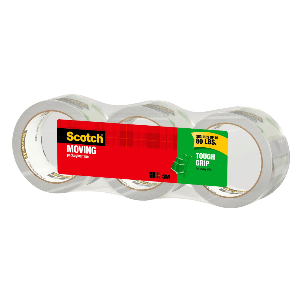 Scotch Tough Grip Moving Packing Tape, 1.88in x 43.7 Yd., Clear, Pack Of 3