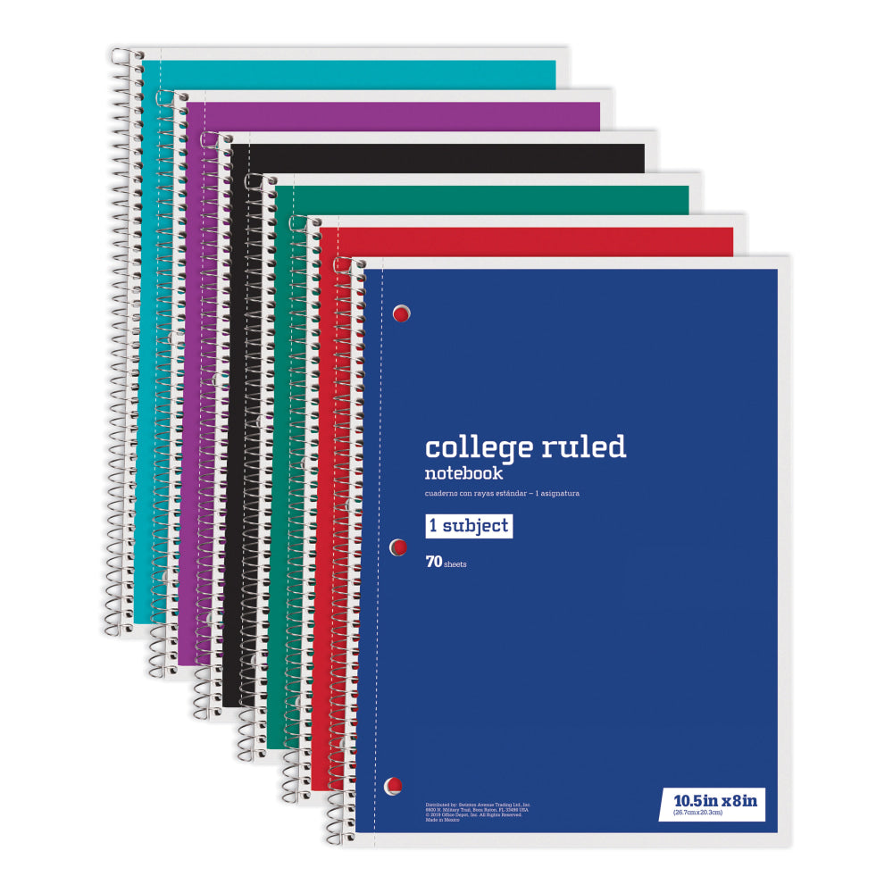 Just Basics Wirebound Notebook, 3-Hole Punched, 8in x 10 1/2in, 1 Subject, College Ruled, 70 Sheets, Assorted Colors, Pack Of 6