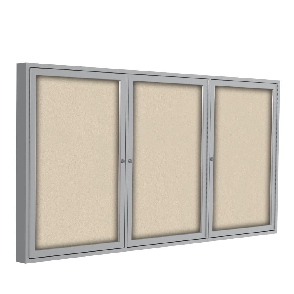 Ghent Traditional 3-Door Enclosed Fabric Bulletin Board, 48in x 72in, Beige, Satin Aluminum Frame