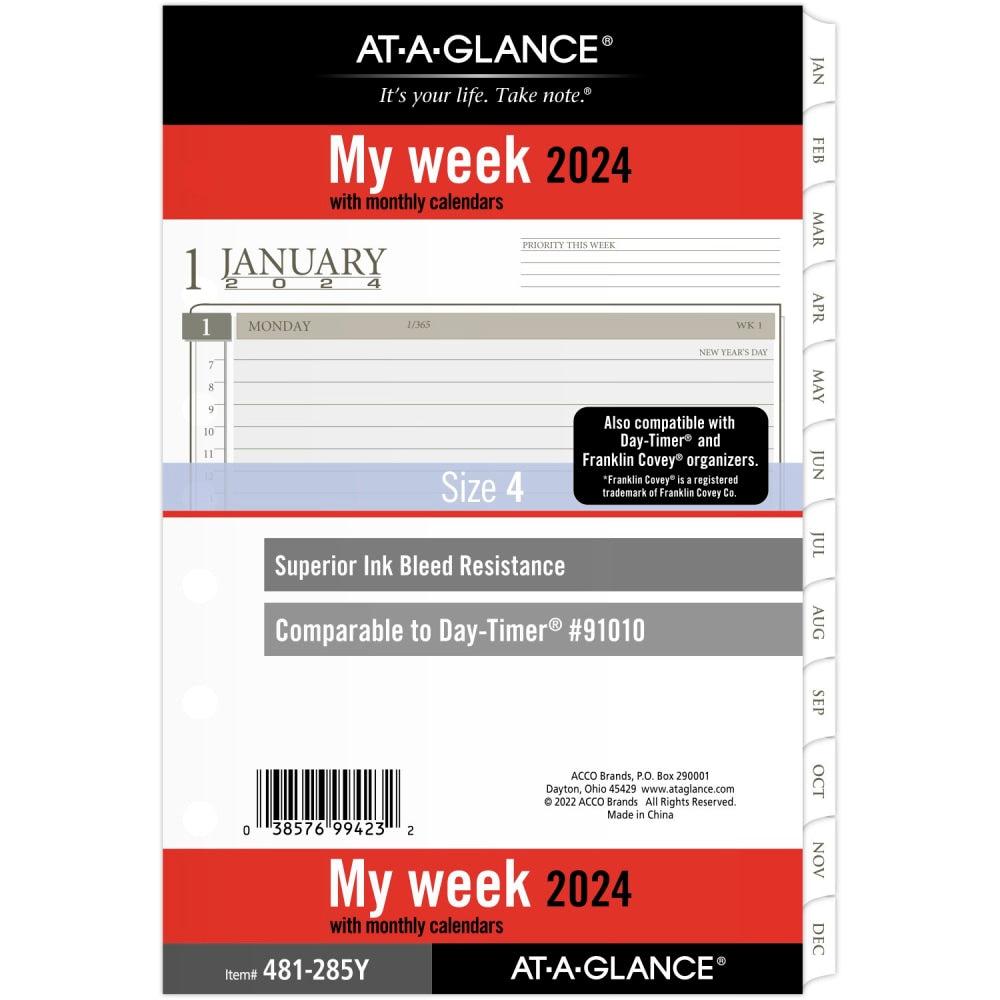 AT-A-GLANCE Weekly/Monthly Loose-Leaf Planner Refill Pages, 5-1/2in x 8-1/2in, January to December 2024, 481-285Y