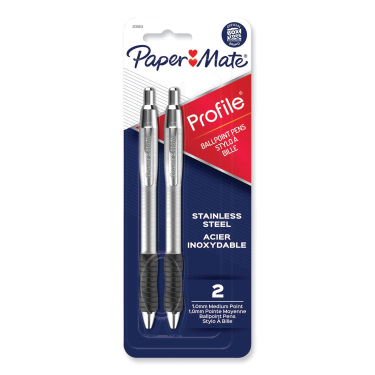 Profile Ballpoint Pen, Retractable, Medium 1 mm, Black Ink, Black/Silver Barrel, 2/Pack