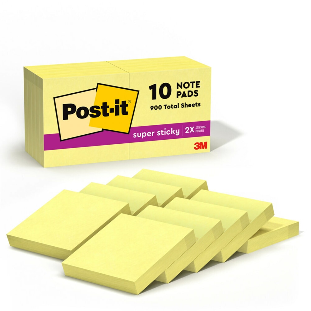 Post-it Super Sticky Notes, 1 7/8 in x 1 7/8 in, 10 Pads, 90 Sheets/Pad, 2x the Sticking Power, Canary Yellow