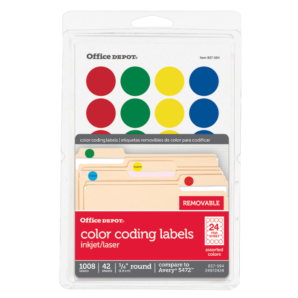 Office Depot Brand Removable Round Color-Coding Labels, OD98785, 3/4in, Assorted Colors, Pack Of 1,008