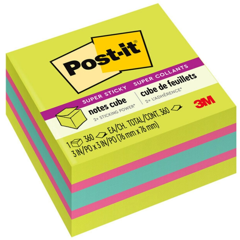 Post-it Super Sticky Notes Cube - 3in x 3in - Square - 360 Sheets per Pad - Guava, Acid Lime, Aqua Splash - Paper - Sticky, Recyclable - 1 / Pack