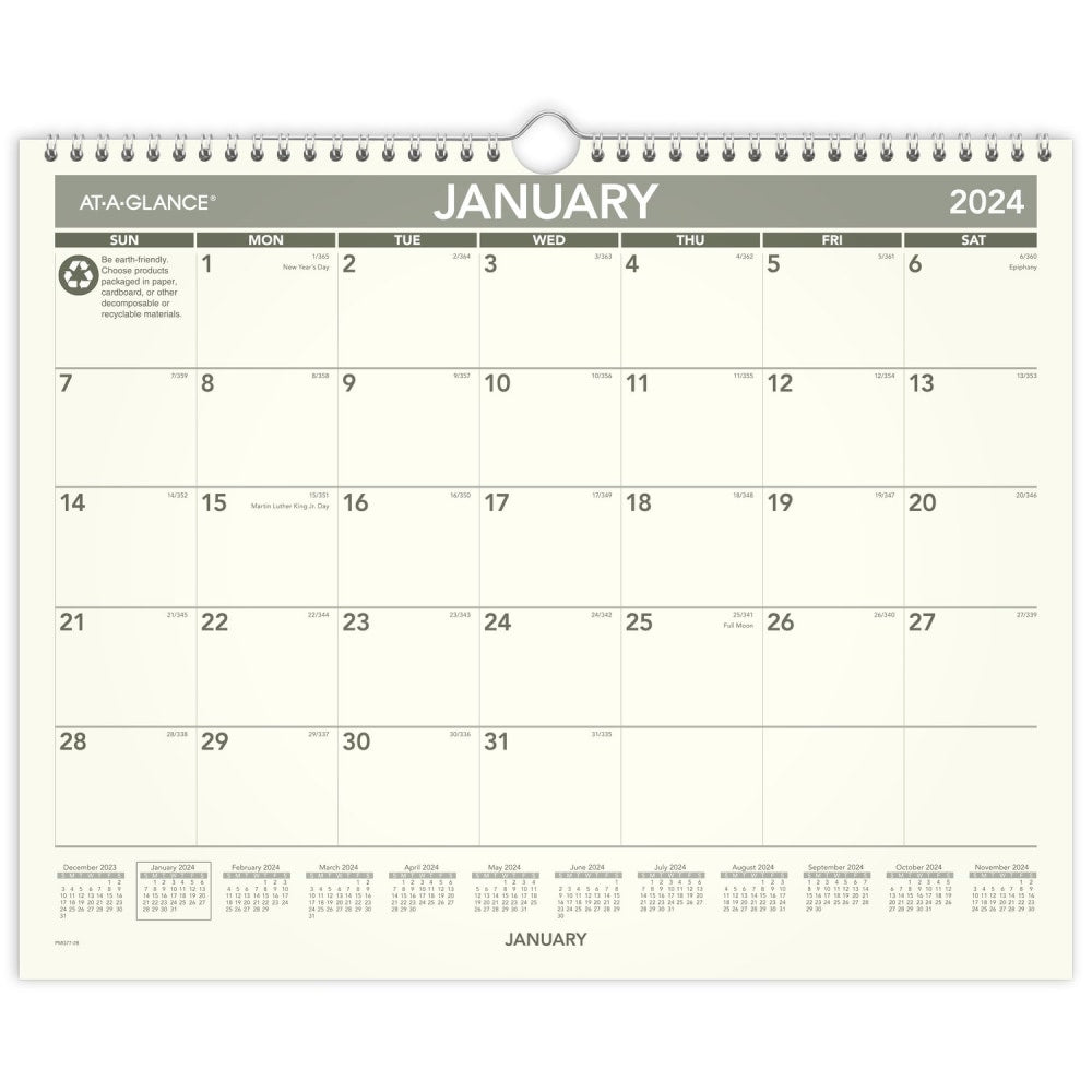 2024 AT-A-GLANCE Recycled Monthly Wall Calendar, 15in x 12in, 100% Recycled, January To December 2024, PMG7728