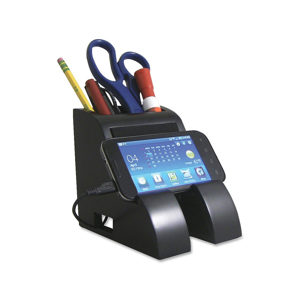 Victor Midnight Black Collection Smart Charge Pencil Cup With USB Hub, 4in x 5 1/2in x 5in, Black