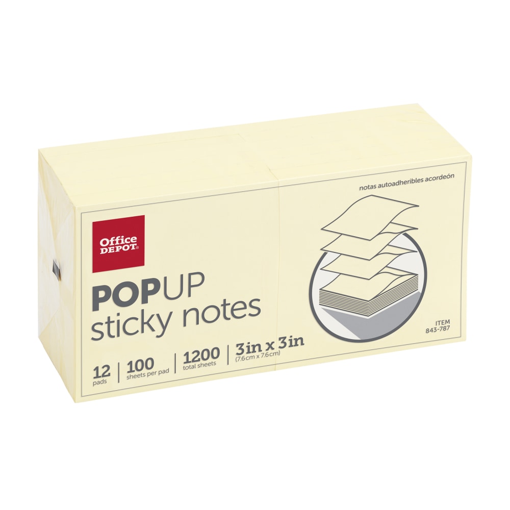 Office Depot Brand Pop Up Sticky Notes, 3in x 3in, Yellow, 100 Sheets Per Pad, Pack Of 12