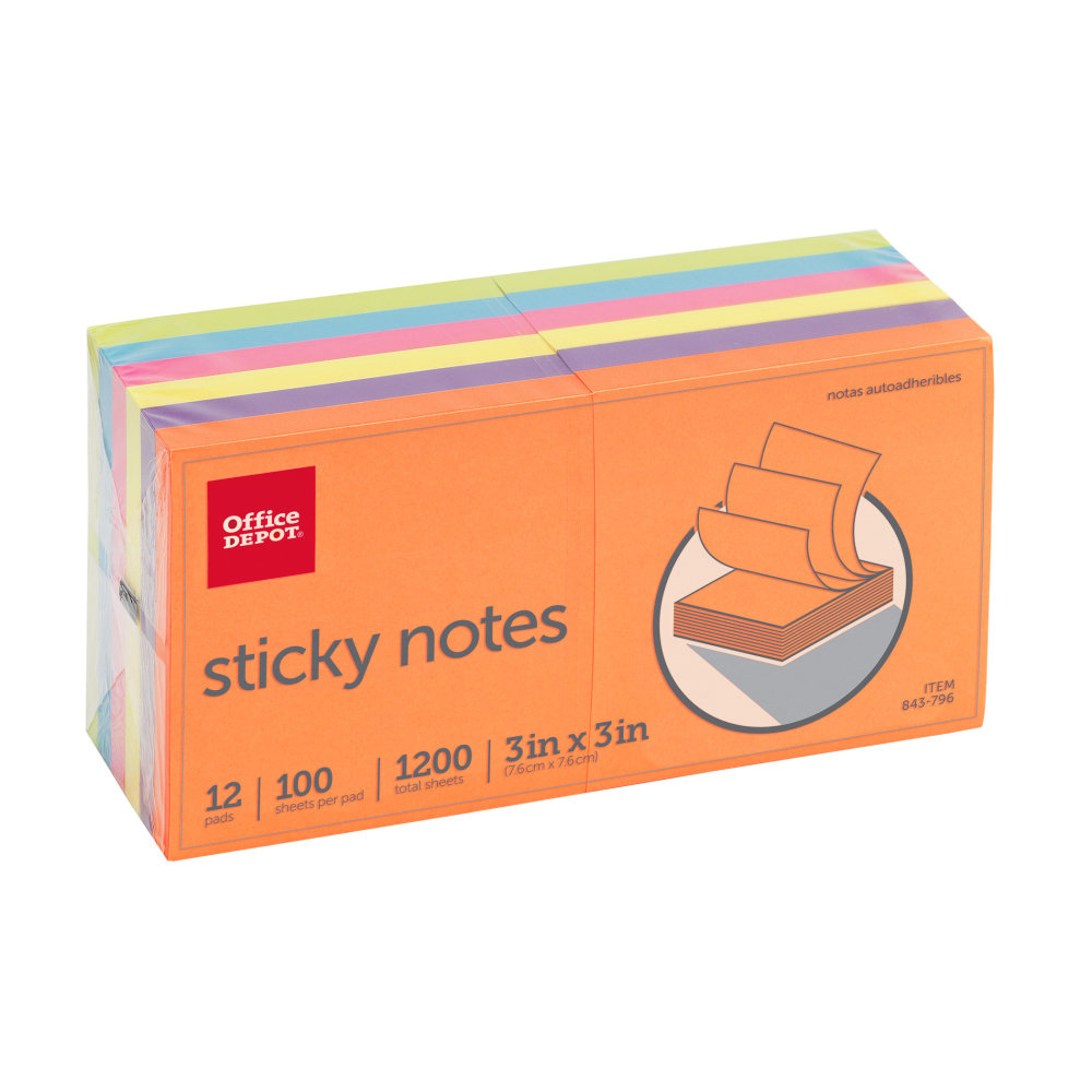 Office Depot Brand Sticky Notes, 3in x 3in, Assorted Vivid Colors, 100 Sheets Per Pad, Pack Of 12 Pads