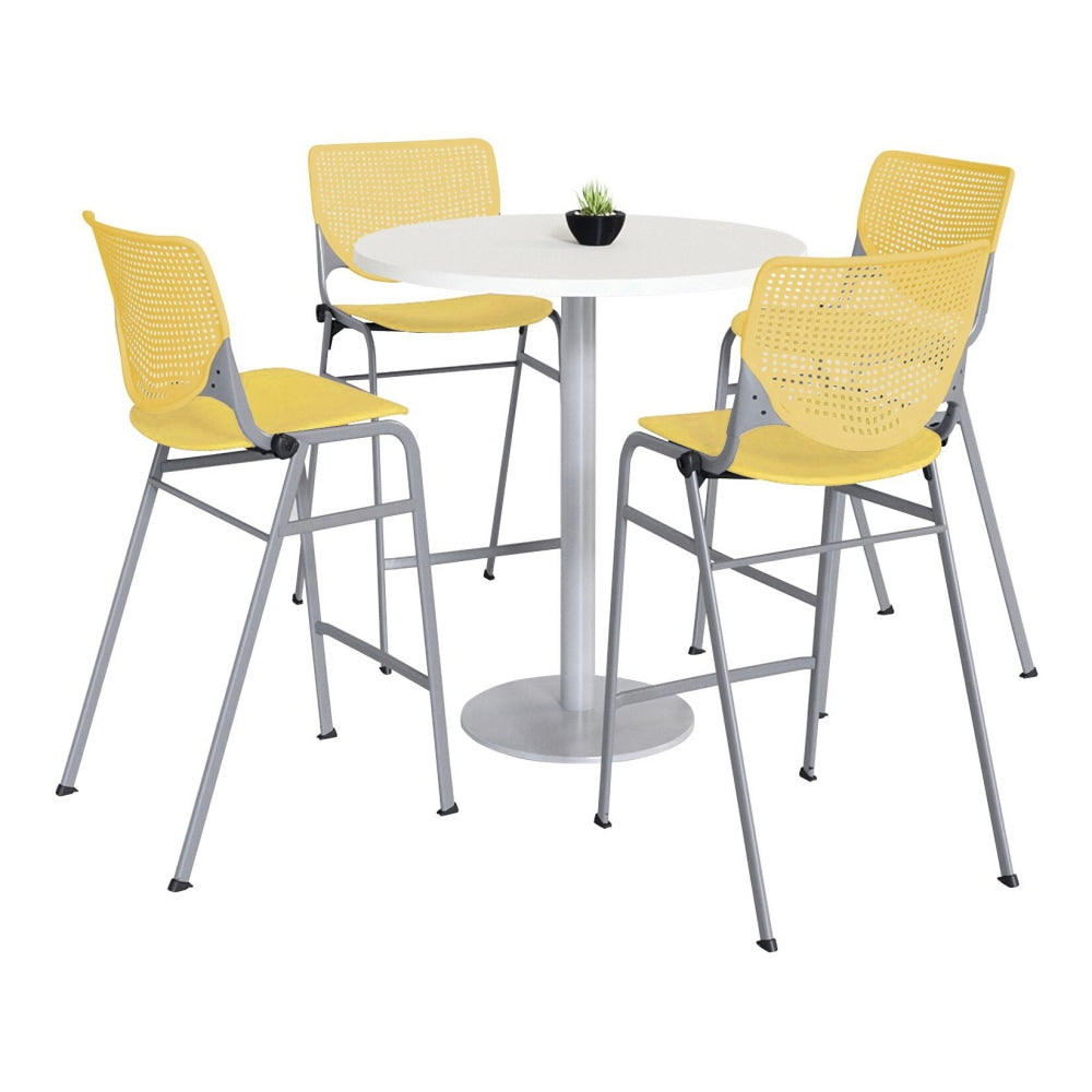 KFI Studios KOOL Round Pedestal Table With 4 Stacking Chairs, 41inH x 36inD, Designer White/Yellow