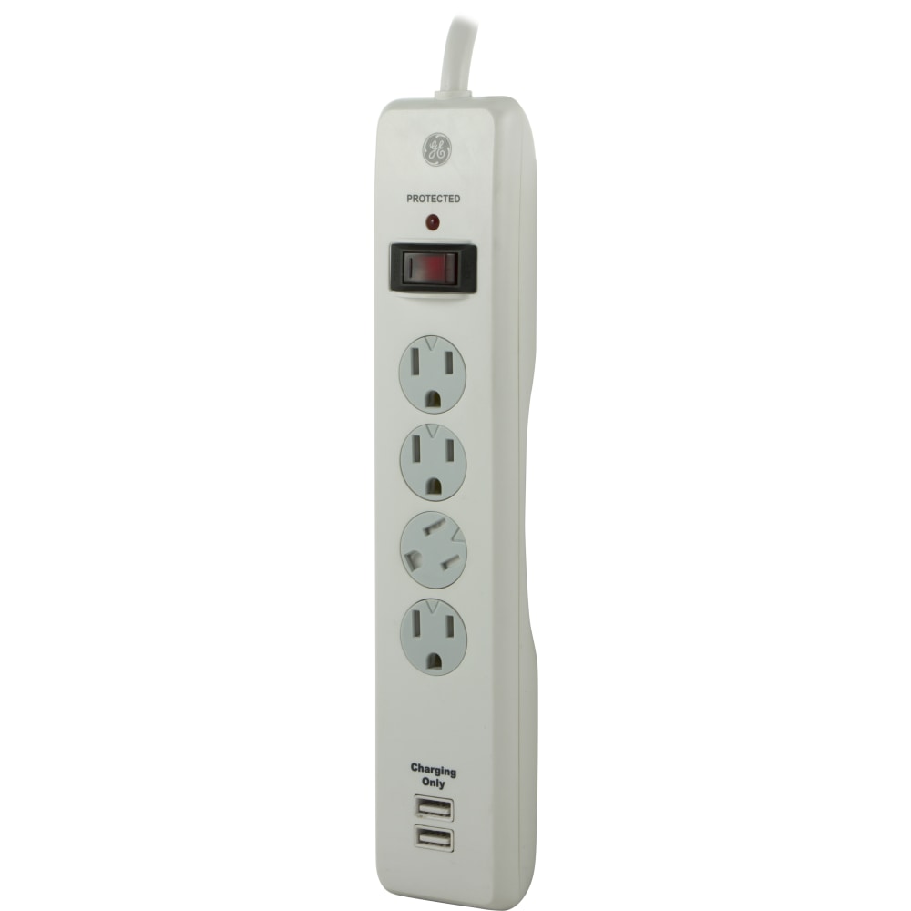 GE 4-Outlet/2 USB Port Surge Protector, 3ft Cord, White