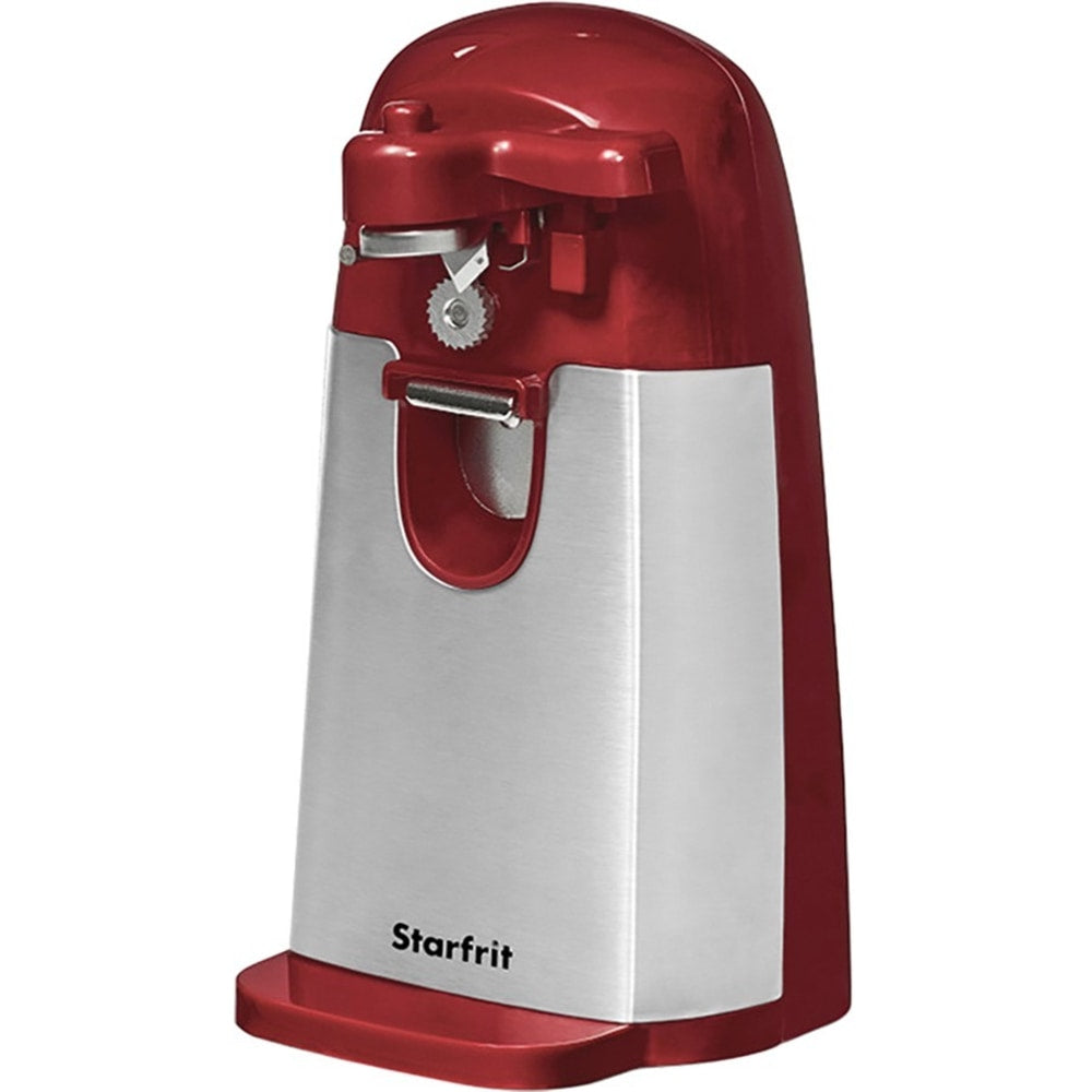 Starfrit 50-Watt 3-in-1 Electric Can Opener - Knife Sharpener, Bottle Opener, Magnetic Lid Holder, Auto Shutoff, Removable Blade, Cord Storage - Red