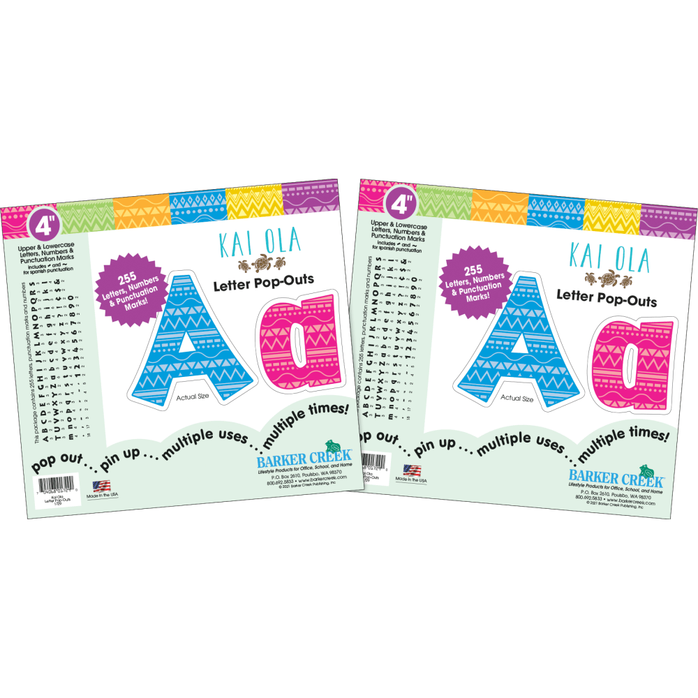 Barker Creek Letter And Number Pop Outs, 4in, Kai Ola, 510 Letters And Numbers Per Pack