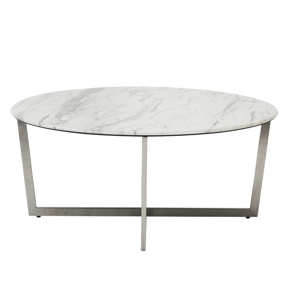 Eurostyle Llona Round Coffee Table, 15-4/5inH x 36inW x 36inD, Brushed Steel/White Marble