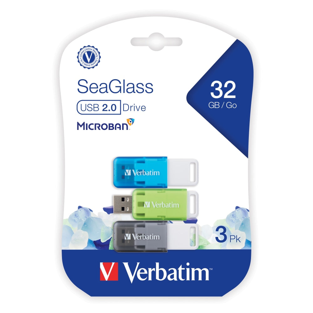 Verbatim SeaGlass USB 2.0 Flash Drives, 32GB, Assorted Colors, Pack Of 3