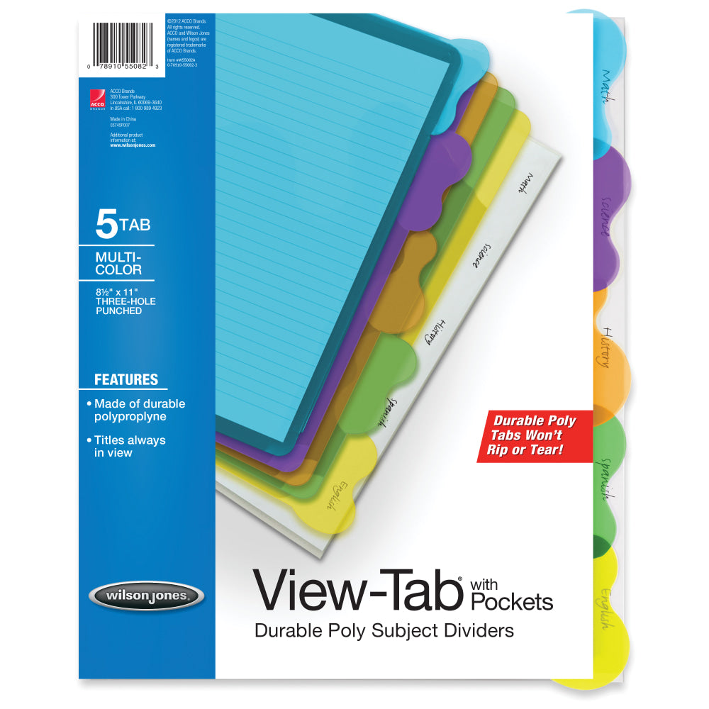 Wilson Jones View-Tab Transparent Dividers, 5-Tab, Multicolor, Set Of 5