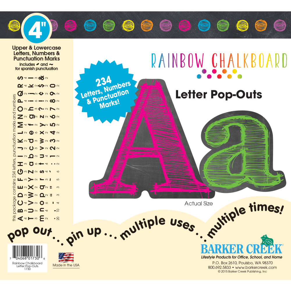 Barker Creek Letter Pop-Outs, 4in, Rainbow Chalk, Set Of 255