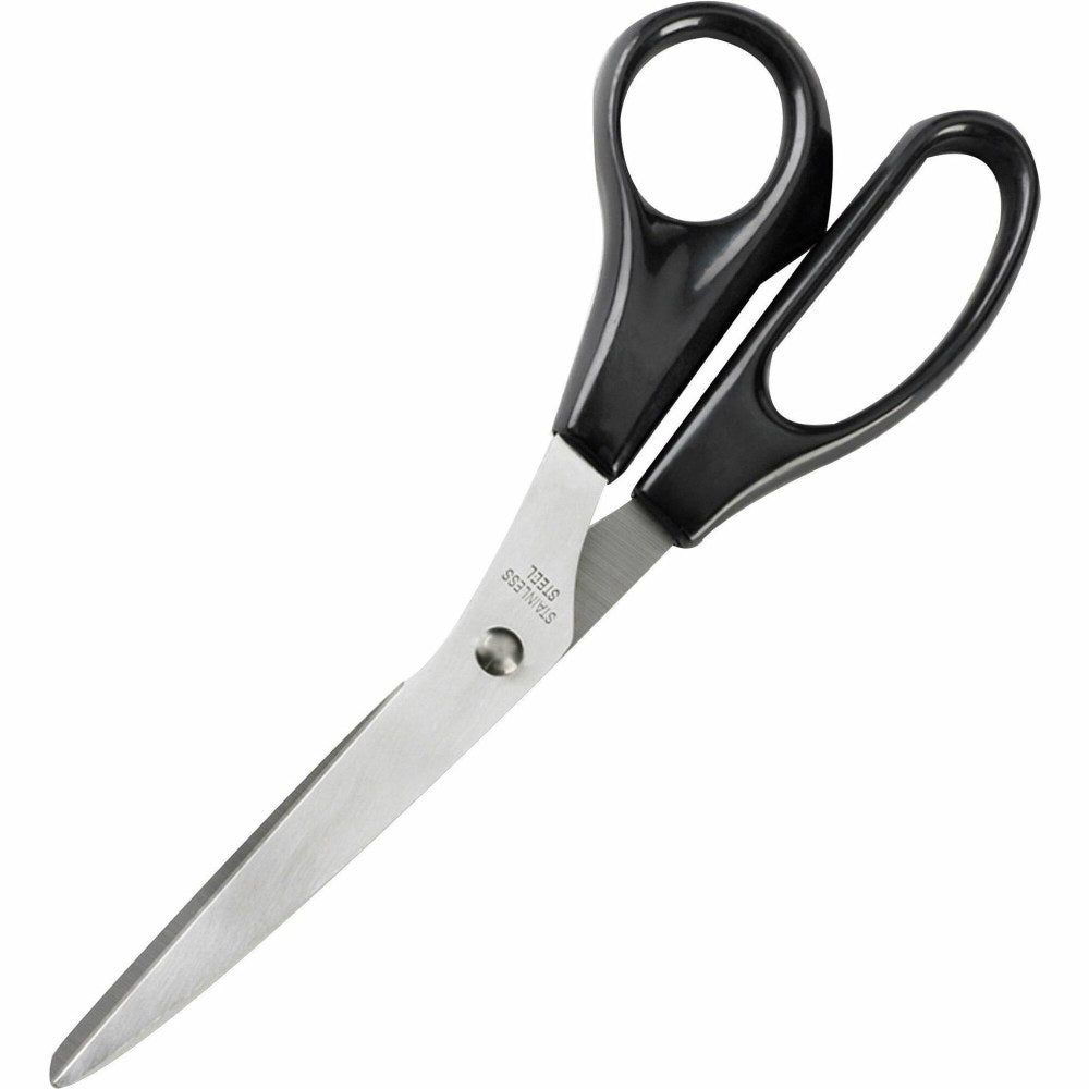 Business Source Stainless Steel Scissors - 8in Overall Length - Bent-right - Stainless Steel - Black - 1 Each