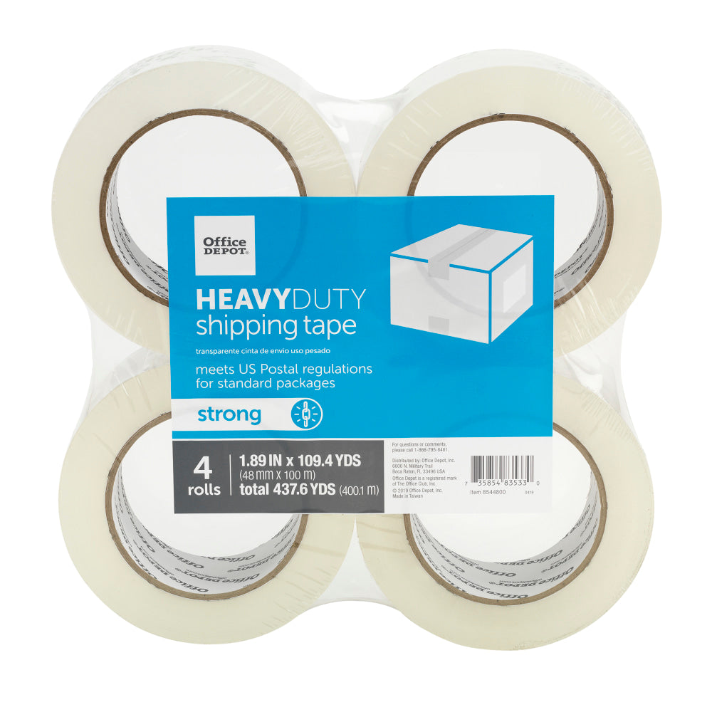 Office Depot Brand Heavy Duty Shipping Packing Tape, 1.89in x 109.4 Yd., Clear, Pack Of 4 Rolls
