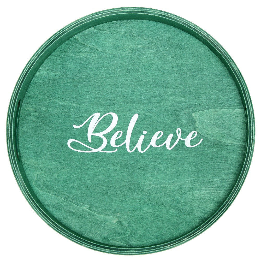 Elegant Designs Decorative Round Serving Tray, 1-11/16inH x 13-3/4inW x 13-3/4inD, Green Wash Believe