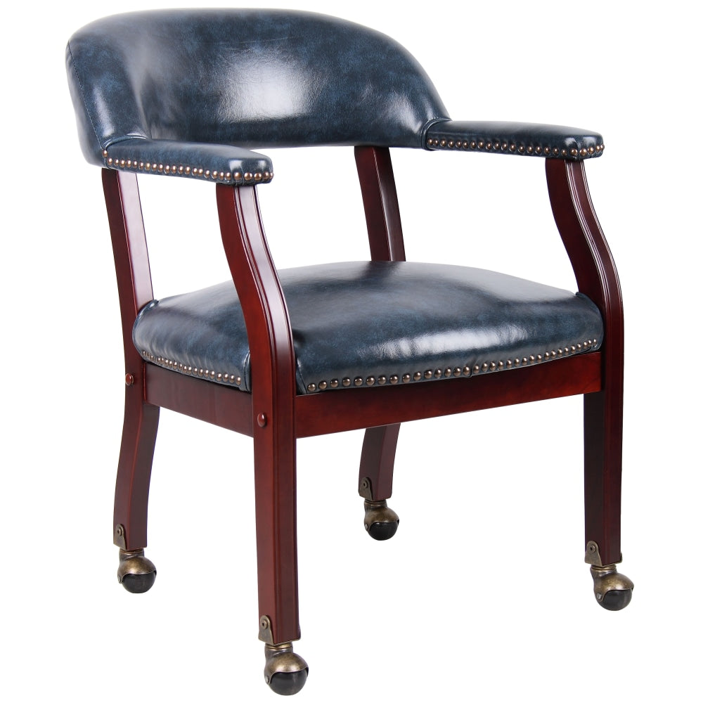 Boss Office Products Captains Guest Arm Chair, With Casters, Blue/Mahogany