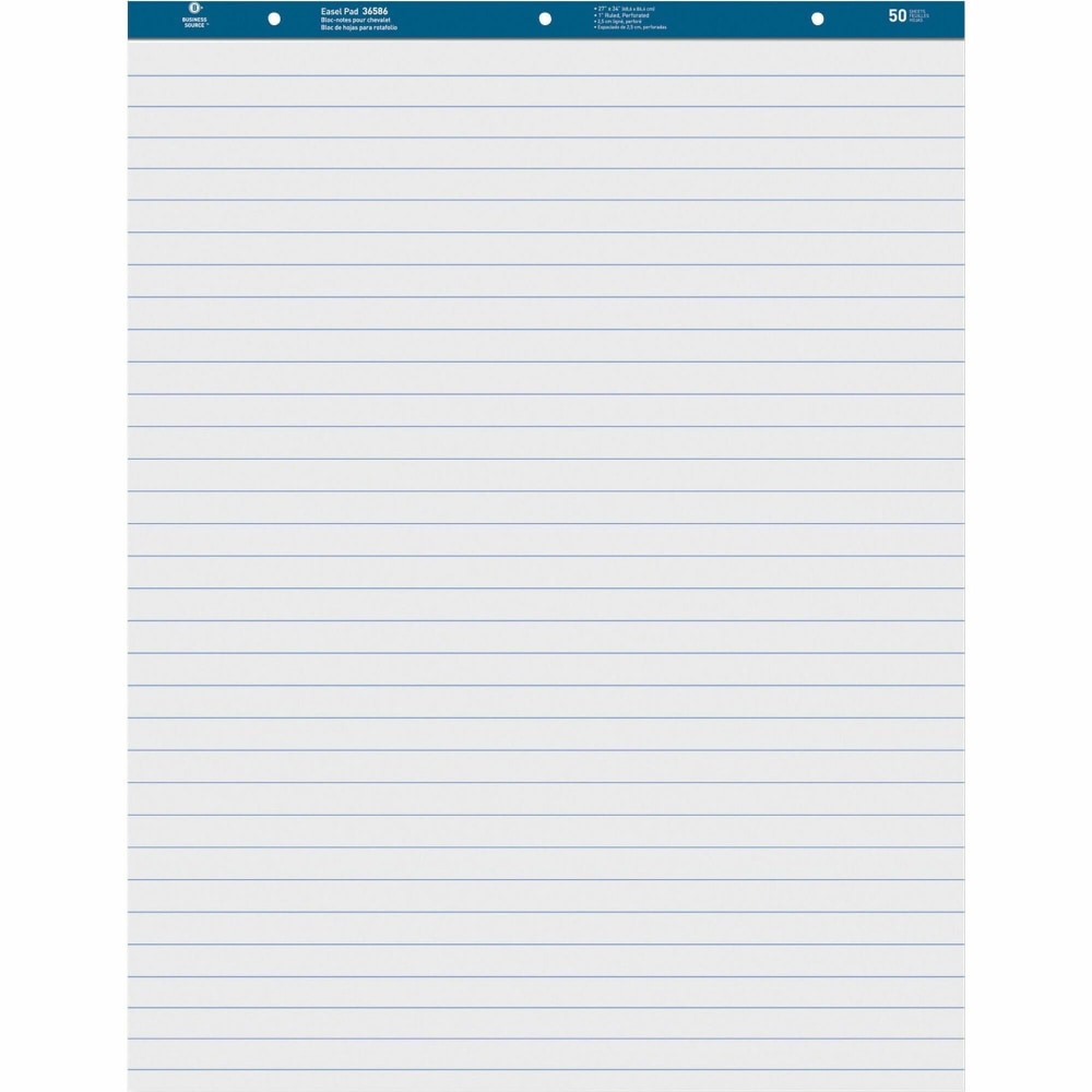 Business Source Standard Ruled Easel Pad - 50 Sheets - 15 lb Basis Weight - 27in x 34in - White Paper - Perforated - 2 / Carton