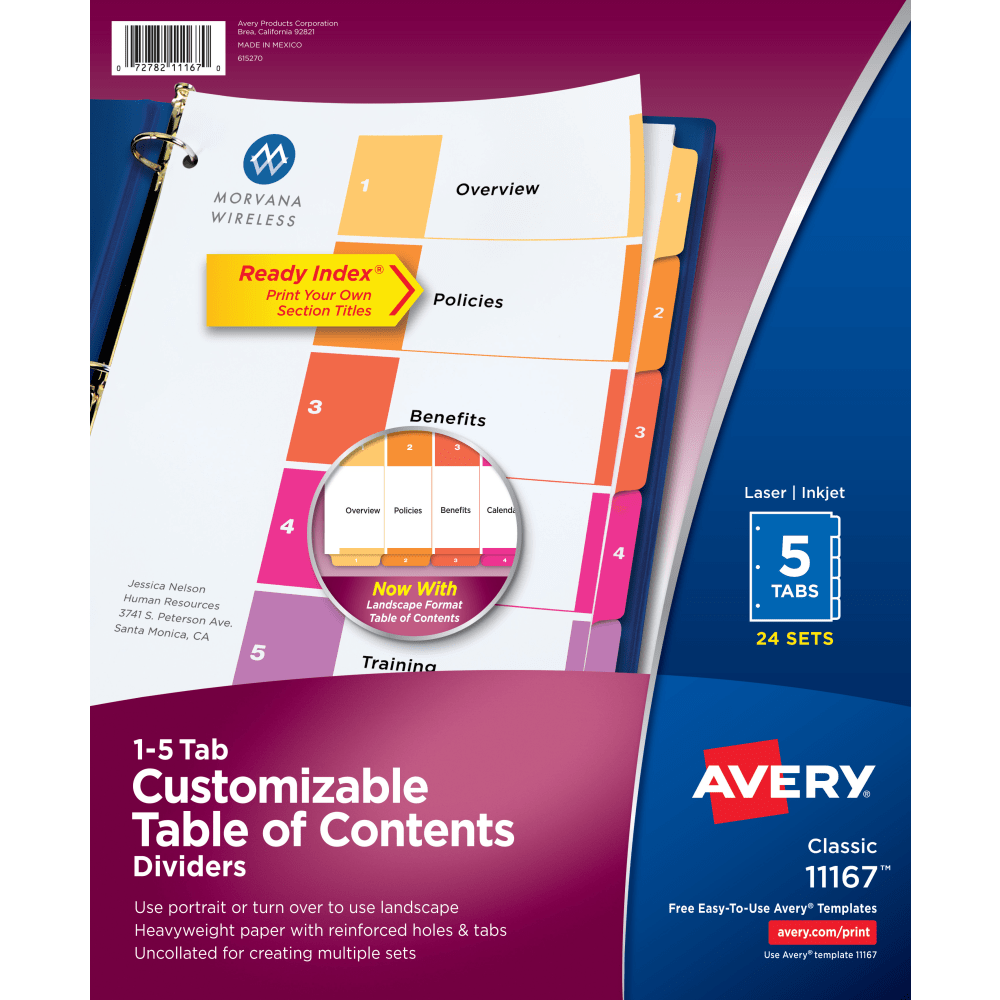 Avery Ready Index 1-5 Tab Binder Dividers With Customizable Table of Contents, 8-1/2in x 11in, 5 Tab, White/Multicolor, Box Of 24 Sets