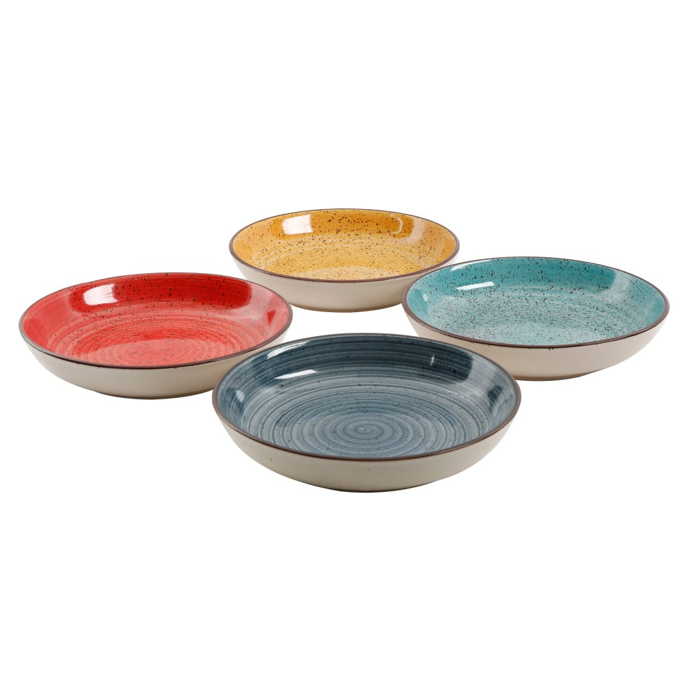 Gibson Home Color Speckle 4-Piece Stoneware Pasta Bowl Set, 10-3/4in, Red/Blue/Teal/Yellow