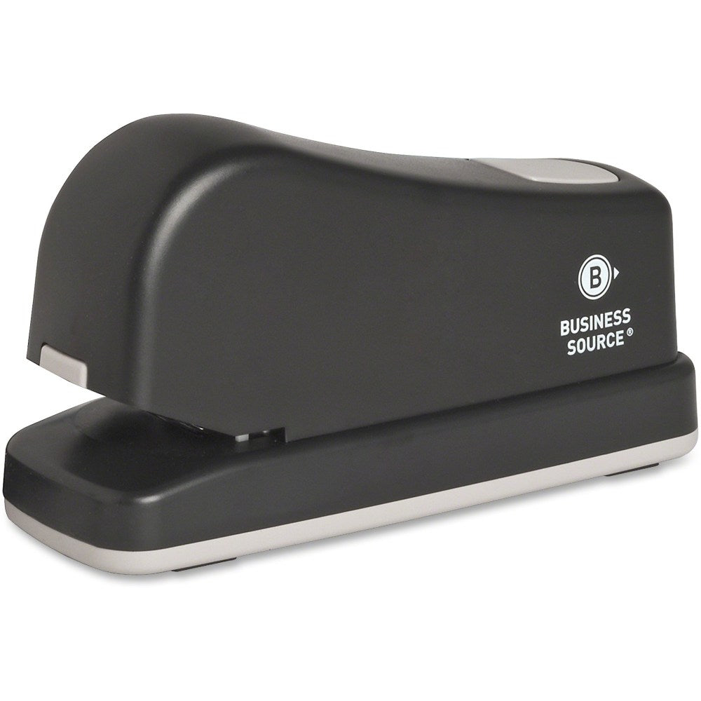 Business Source Electric Stapler - 20 of 20lb Paper Sheets Capacity - 210 Staple Capacity - Full Strip - 1/4in Staple Size - 1 Each - Black, Putty