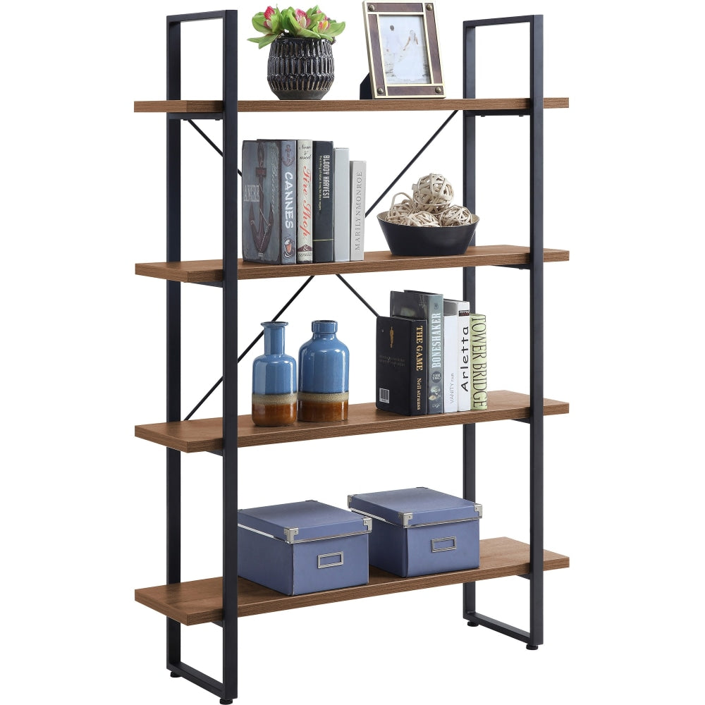 Lorell SOHO Rustic Metal Frame Bookcase - 39.4in x 11.8in57.5in - 4 Shelve(s) - Band Edge - Finish: Walnut - Sturdy, Durable