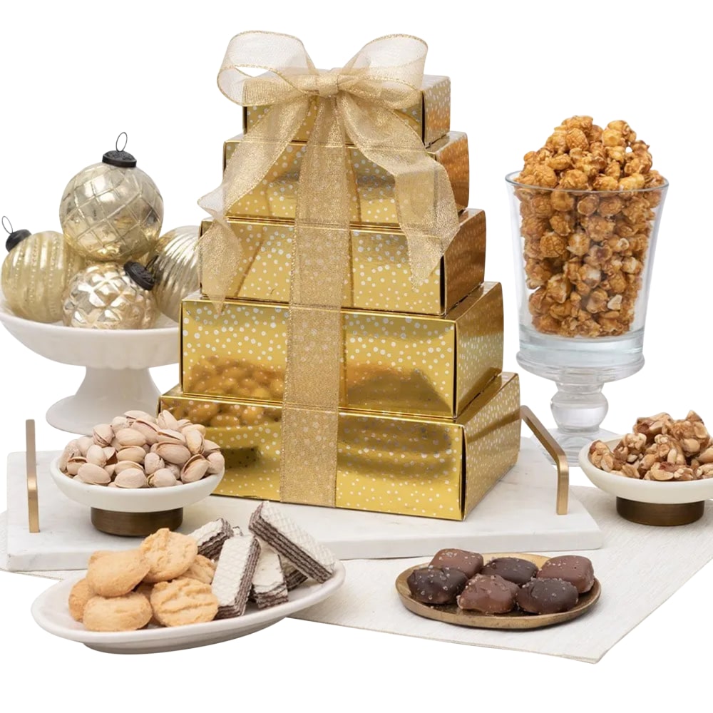 Gourmet Gift Baskets Holiday Tower Gift Basket Set, Set Of 7 Pieces